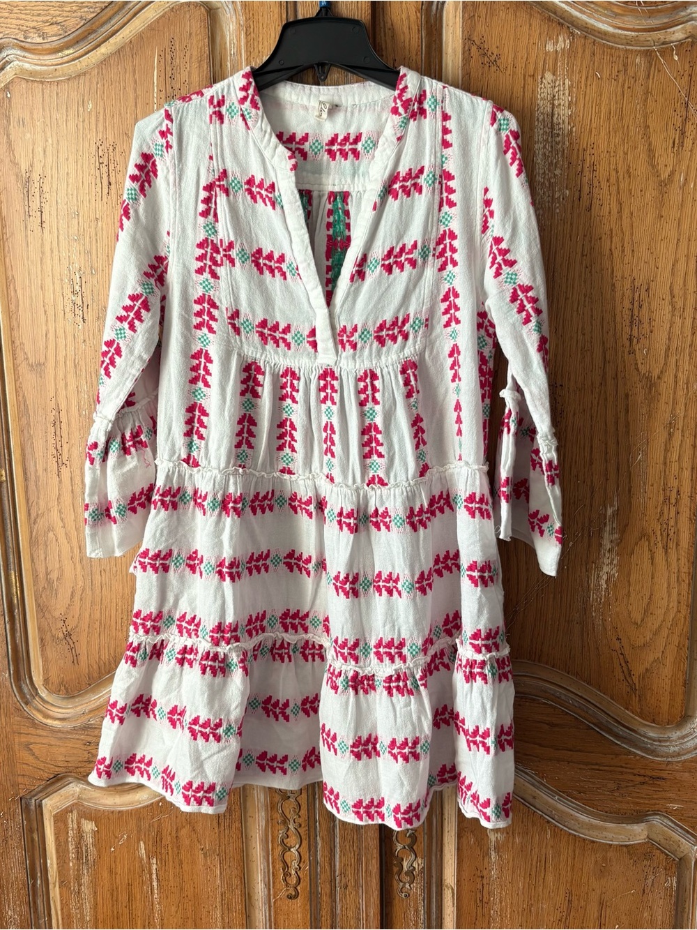 Elan Embroidered Tiered Cotton Boho
Mini Dress White Pink